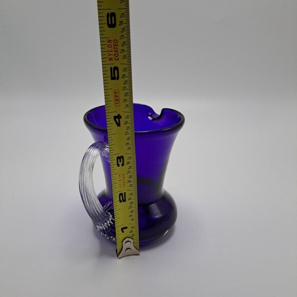 Pilgrim Glass Blue Pitcher Vase Creamer With Clear Ribbed Handle - Picture 2 of 10
